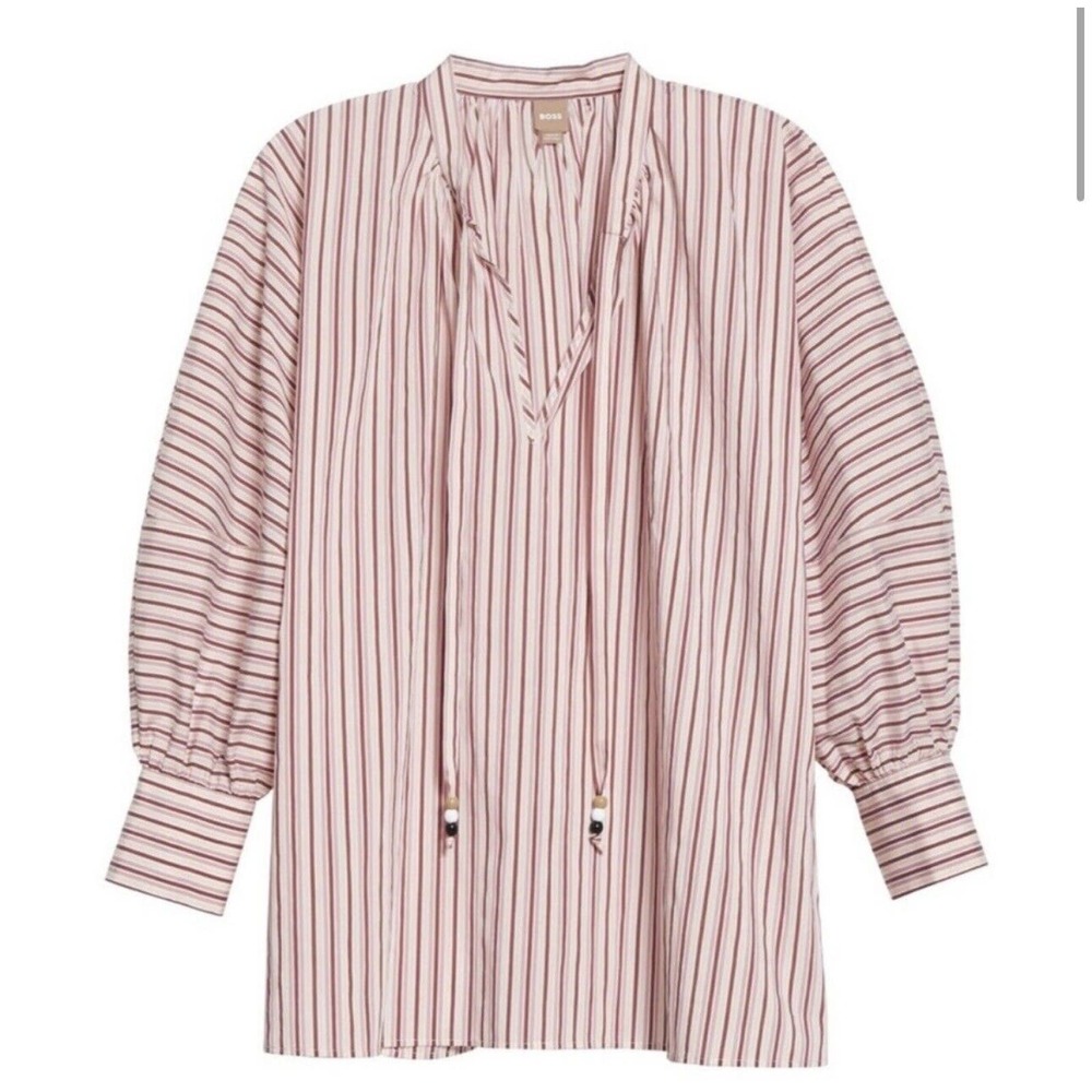 Boss Womens Top Shirt 6‎ Bateco Striped Pullover Neck Tie Tunic Oversized